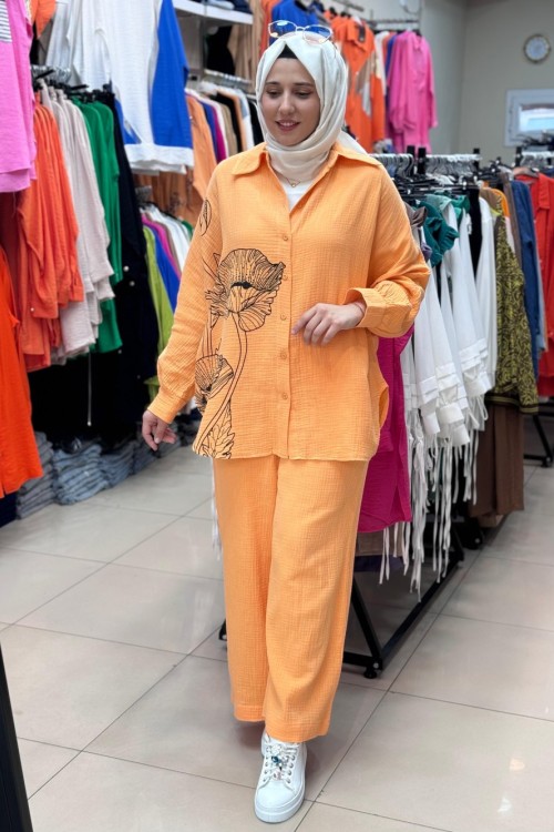 30574 BASKI VE TAŞ DETAYLI TAKIM  Turuncu