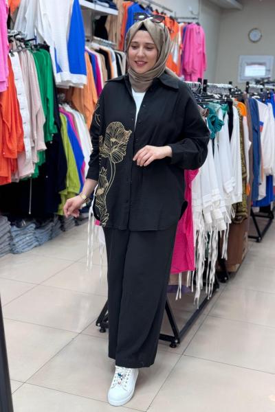 30574 BASKI VE TAŞ DETAYLI TAKIM  Siyah