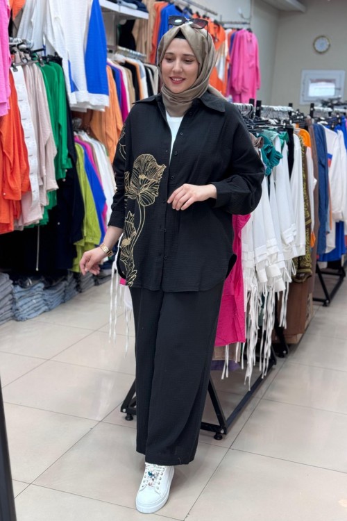 30574 BASKI VE TAŞ DETAYLI TAKIM  Siyah