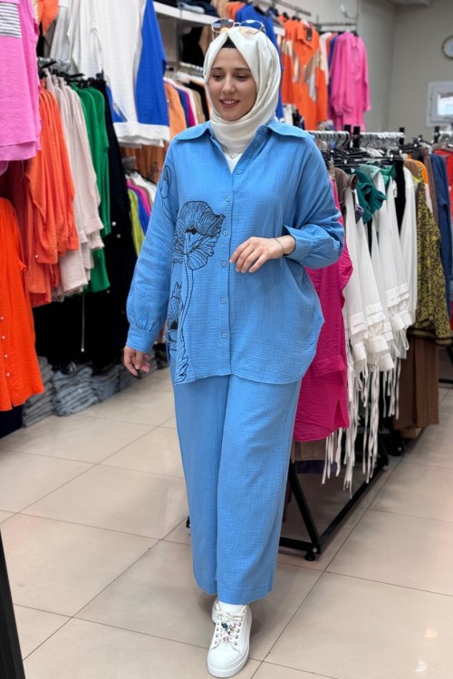 30574 BASKI VE TAŞ DETAYLI TAKIM  Mavi