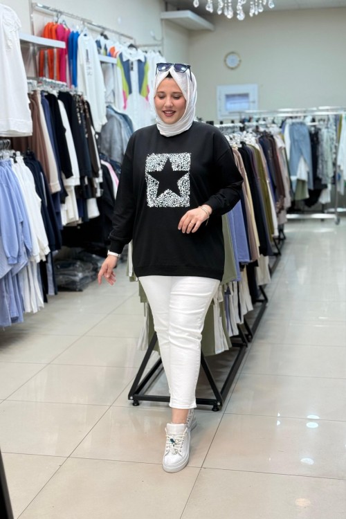 3067 YILDIZ BASKILI SWEATSHIRT Siyah