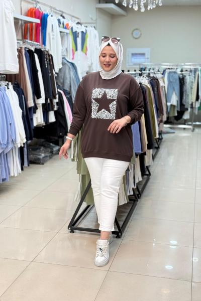 3067 YILDIZ BASKILI SWEATSHIRT Kahverengi