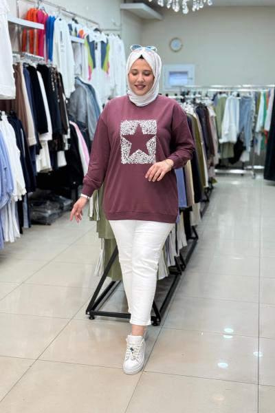 3067 YILDIZ BASKILI SWEATSHIRT Mürdüm