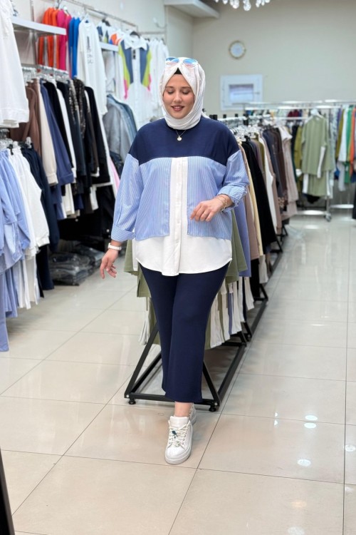 3079 ÇİFT GARNİ DETAYLI TAKIM Lacivert