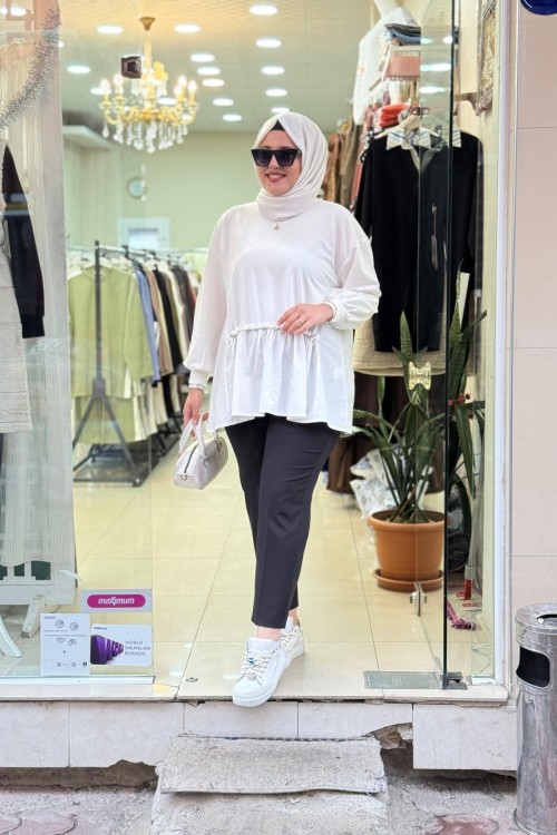 3091 BÜZGÜ DETAYLI GARNİLİ SWEATSHIRT Beyaz