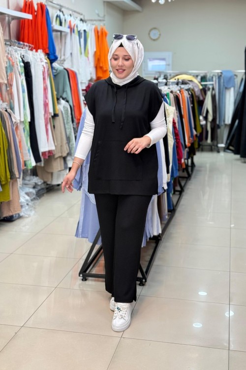 3136 KAPŞONLU YELEKLİ  TAKIM Siyah