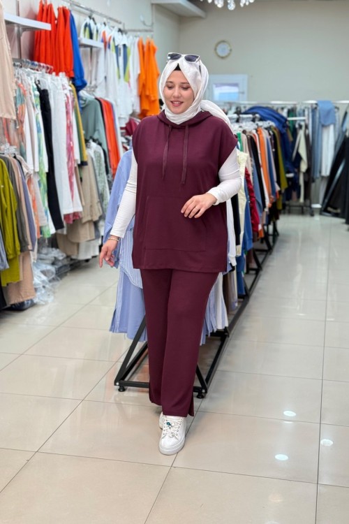 3136 KAPŞONLU YELEKLİ  TAKIM Bordo