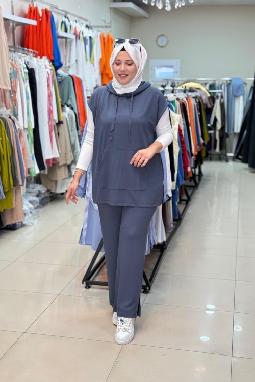 3136 KAPŞONLU YELEKLİ  TAKIM Füme