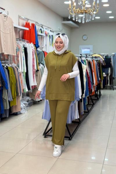 3136 KAPŞONLU YELEKLİ  TAKIM Yağ Yeşili