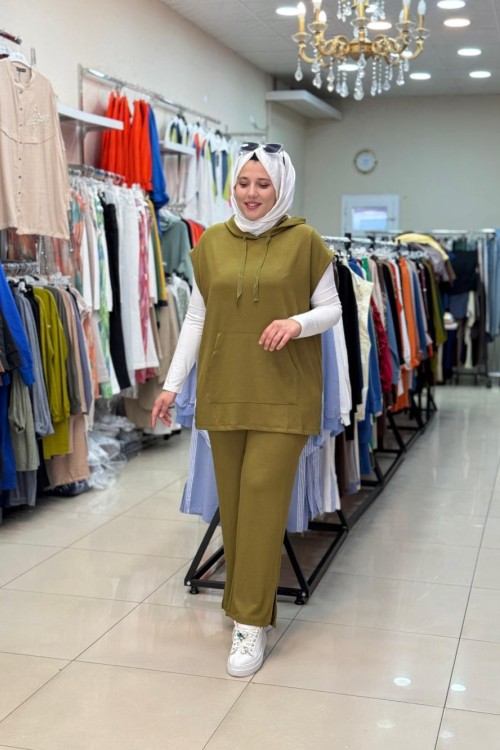 3136 KAPŞONLU YELEKLİ  TAKIM Yağ Yeşili