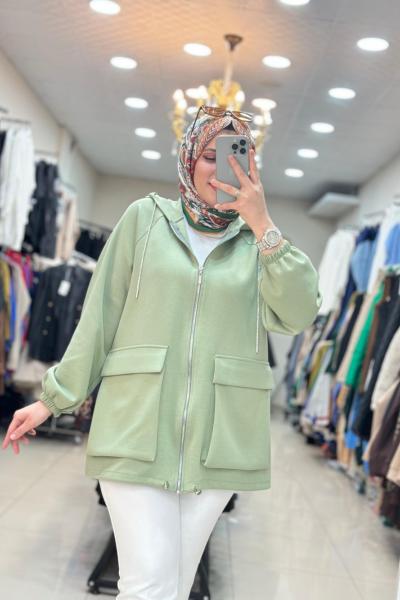 3202 CEPLİ SWEAT CEKET  Mint Yeşili