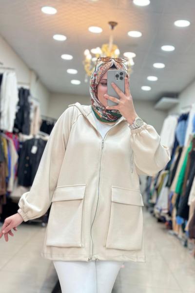 3202 CEPLİ SWEAT CEKET  Bej