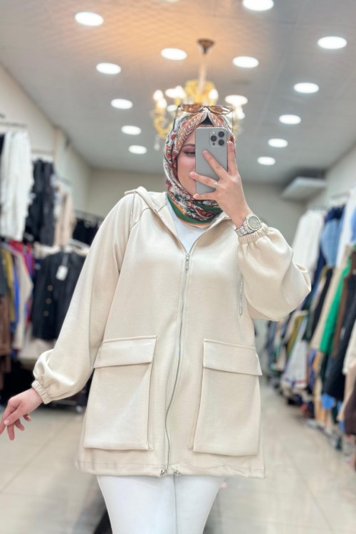 3202 CEPLİ SWEAT CEKET  Bej