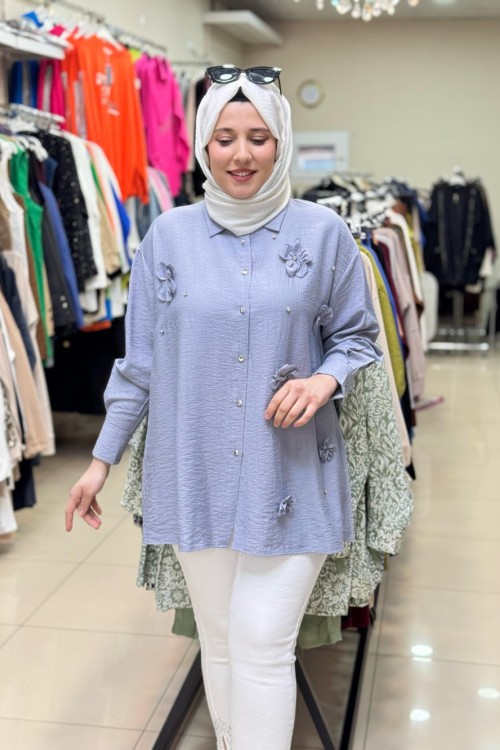 3236 ÇİÇEK VE TAŞLI GÖMLEK  Gri