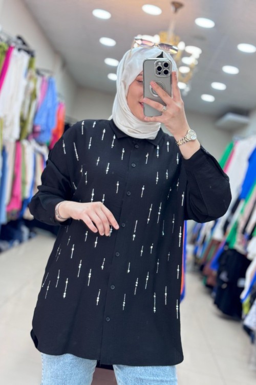 32366 SU YOLU TAŞLI TUNİK Siyah