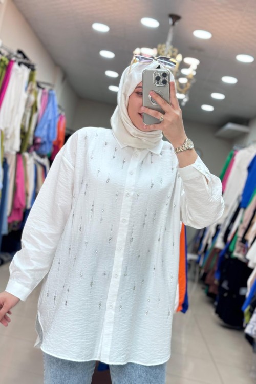 32366 SU YOLU TAŞLI TUNİK Ekru