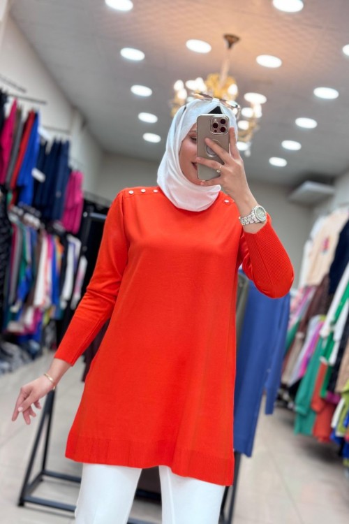 34048 OMZU VE KOLU DÜĞMELİ SOĞUK MERSERİZE TUNİK  Turuncu