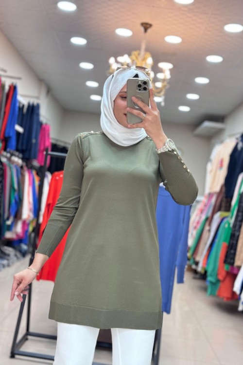34048 OMZU VE KOLU DÜĞMELİ SOĞUK MERSERİZE TUNİK  Haki