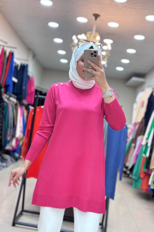 34048 OMZU VE KOLU DÜĞMELİ SOĞUK MERSERİZE TUNİK  Fuşya