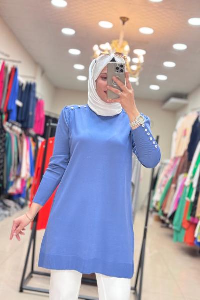 34048 OMZU VE KOLU DÜĞMELİ SOĞUK MERSERİZE TUNİK  Mavi