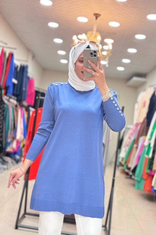 34048 OMZU VE KOLU DÜĞMELİ SOĞUK MERSERİZE TUNİK  Mavi