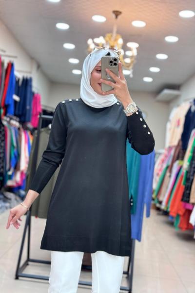 34048 OMZU VE KOLU DÜĞMELİ SOĞUK MERSERİZE TUNİK  Siyah