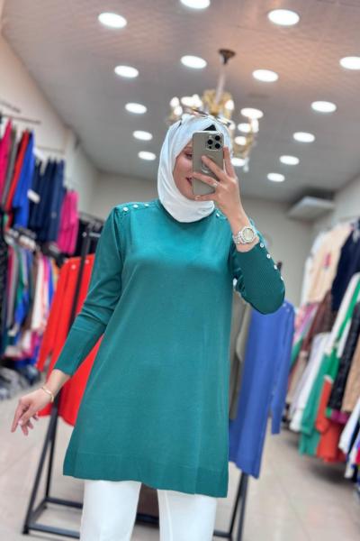 34048 OMZU VE KOLU DÜĞMELİ SOĞUK MERSERİZE TUNİK  Zümrüt