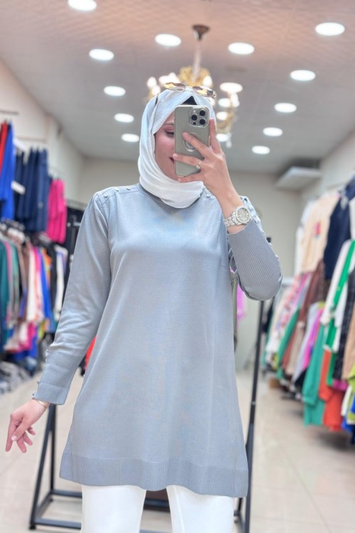 34048 OMZU VE KOLU DÜĞMELİ SOĞUK MERSERİZE TUNİK  Gri