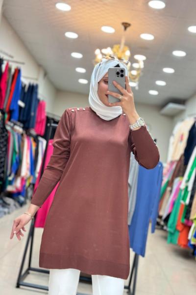 34048 OMZU VE KOLU DÜĞMELİ SOĞUK MERSERİZE TUNİK  Kahverengi