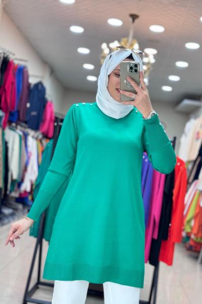 34048 OMZU VE KOLU DÜĞMELİ SOĞUK MERSERİZE TUNİK  Benetton Yeşil