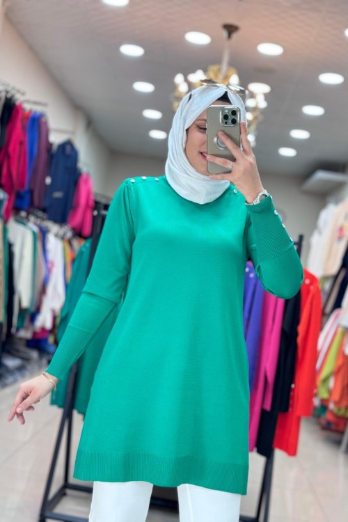 34048 OMZU VE KOLU DÜĞMELİ SOĞUK MERSERİZE TUNİK  Benetton Yeşil