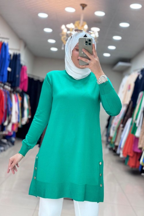 34120 DÜĞMELİ SOĞUK İPLİK MERSERİZE  TUNİK Yeşil