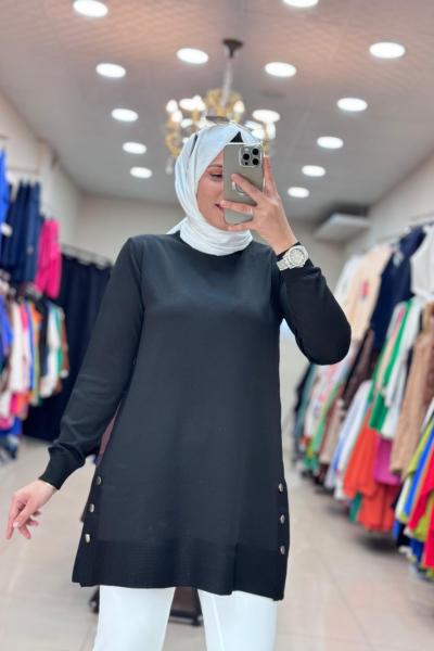 34120 DÜĞMELİ SOĞUK İPLİK MERSERİZE  TUNİK Siyah