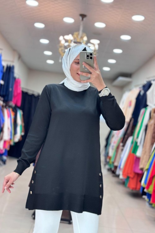 34120 DÜĞMELİ SOĞUK İPLİK MERSERİZE  TUNİK Siyah
