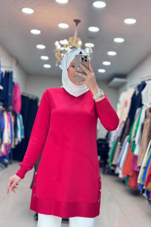 34120 DÜĞMELİ SOĞUK İPLİK MERSERİZE  TUNİK Kırmızı