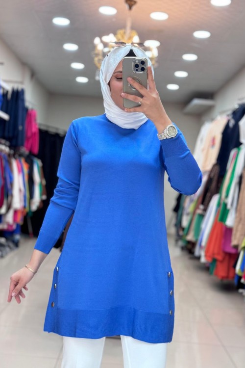 34120 DÜĞMELİ SOĞUK İPLİK MERSERİZE  TUNİK Saks Mavisi