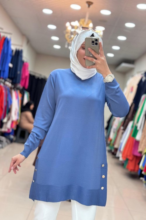 34120 DÜĞMELİ SOĞUK İPLİK MERSERİZE  TUNİK Mavi