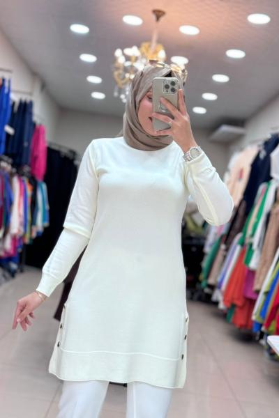 34120 DÜĞMELİ SOĞUK İPLİK MERSERİZE  TUNİK Ekru