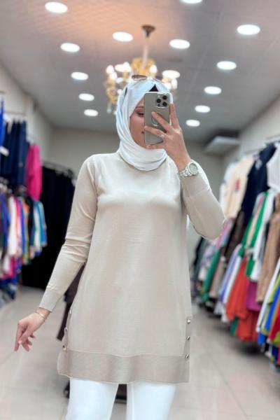 34120 DÜĞMELİ SOĞUK İPLİK MERSERİZE  TUNİK Taş Rengi