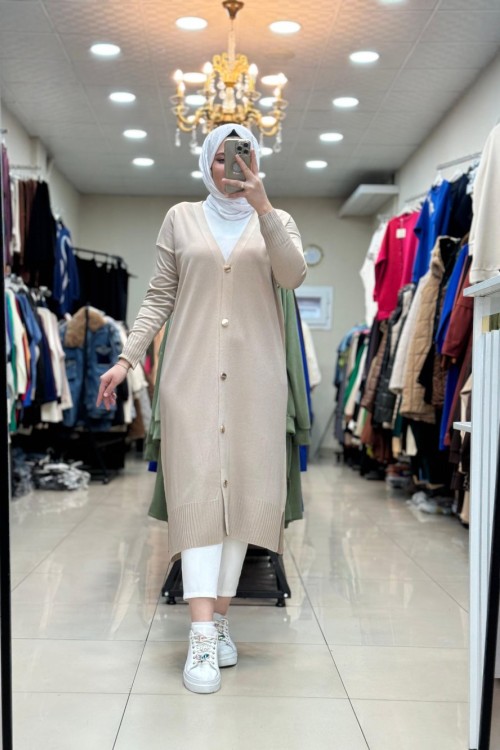 35023 ÖNDEN DÜĞMELİ UZUN HIRKA Vizon