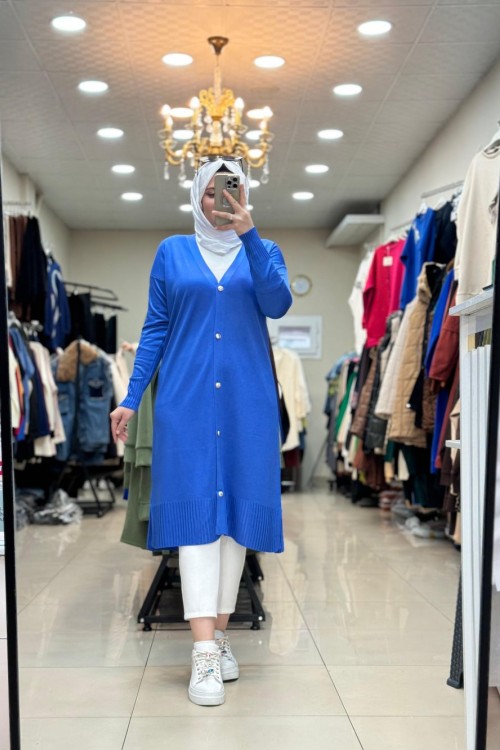 35023 ÖNDEN DÜĞMELİ UZUN HIRKA Mavi