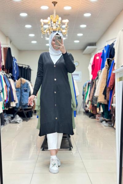 35023 ÖNDEN DÜĞMELİ UZUN HIRKA Siyah
