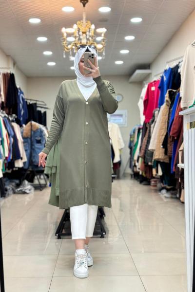 35023 ÖNDEN DÜĞMELİ UZUN HIRKA Haki