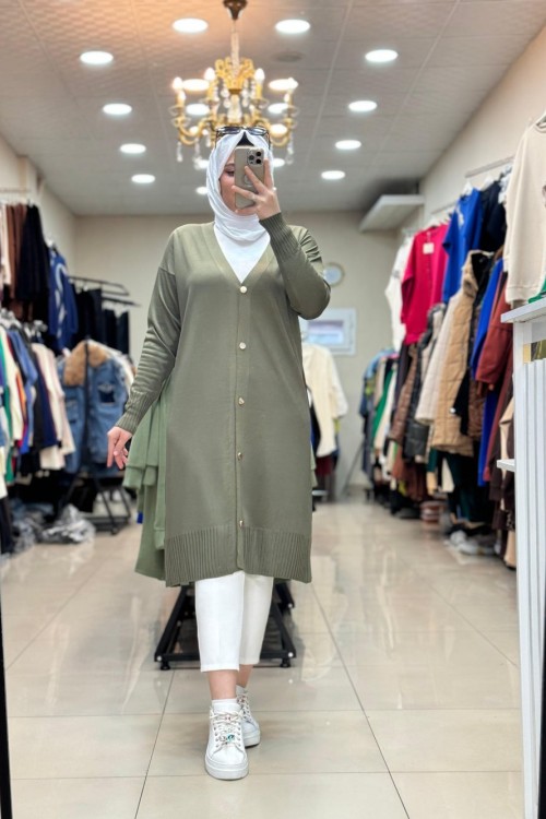 35023 ÖNDEN DÜĞMELİ UZUN HIRKA Haki