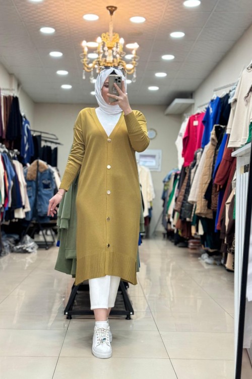 35023 ÖNDEN DÜĞMELİ UZUN HIRKA Yağ Yeşili