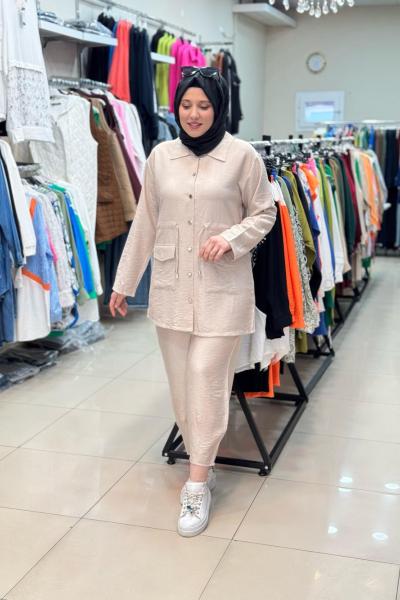 3512 DÜĞMELİ KETEN TAKIM Taş Rengi