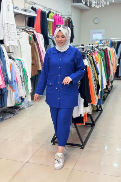 3512 DÜĞMELİ KETEN TAKIM Saks Mavisi