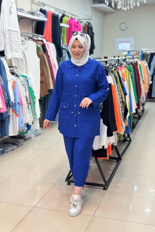 3512 DÜĞMELİ KETEN TAKIM Saks Mavisi