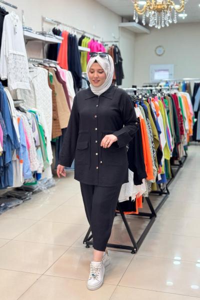 3512 DÜĞMELİ KETEN TAKIM Siyah