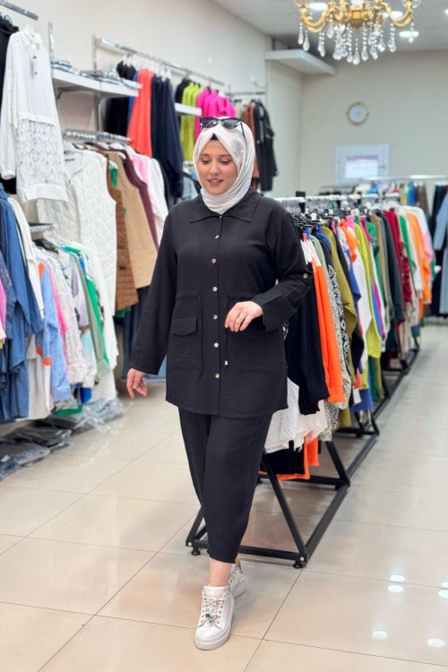 3512 DÜĞMELİ KETEN TAKIM Siyah